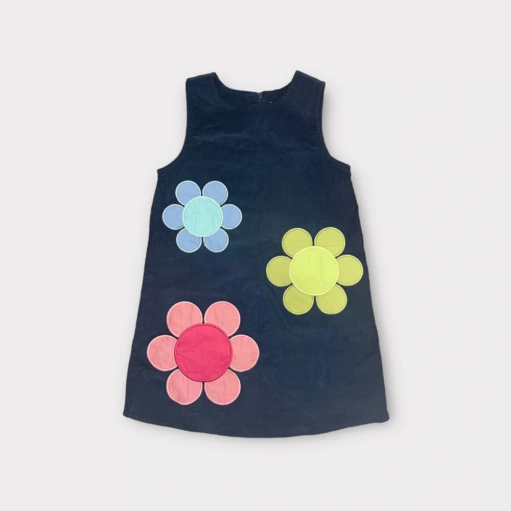 Gymboree 2013 Floral Applique Navy Blue Corduroy Sleeveless Retro Dress